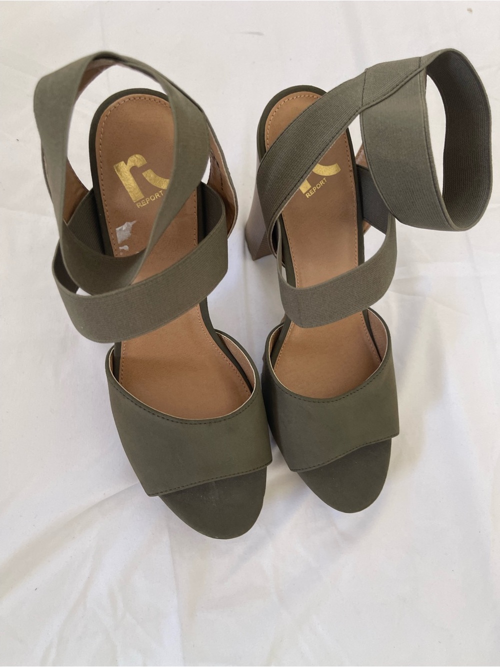 Report Olive Green Elastic Wrap Block Heel -Sz-9 - Sandals